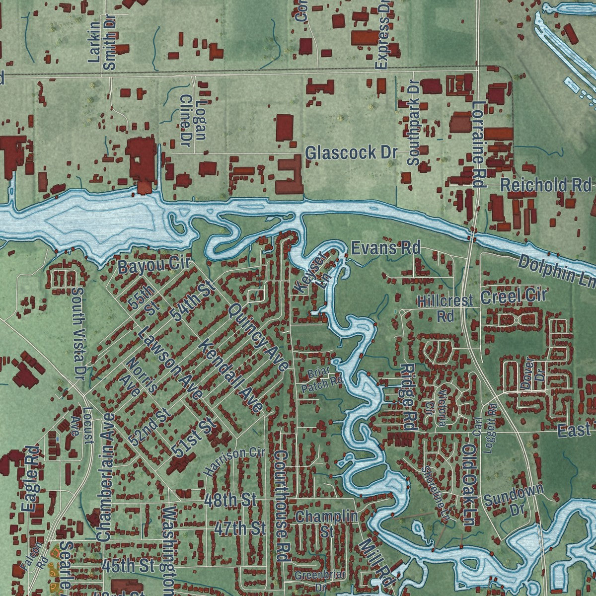 Close-up of the map of Gulfport, Mississippi print showing street and building detail