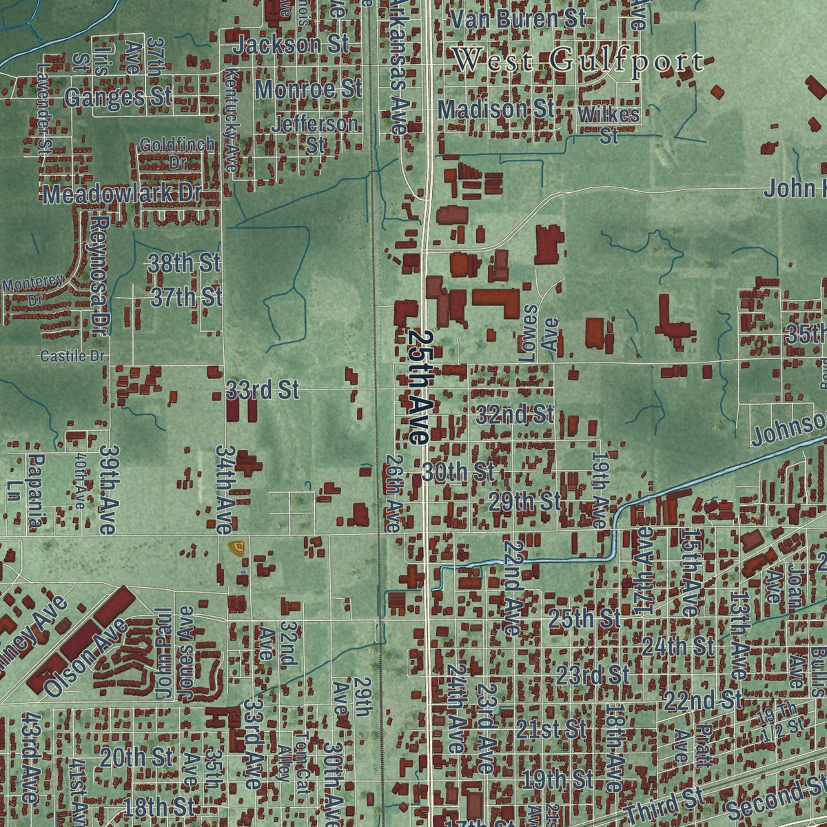 Second close-up of the map of Gulfport, Mississippi print showing more streets and buildings
