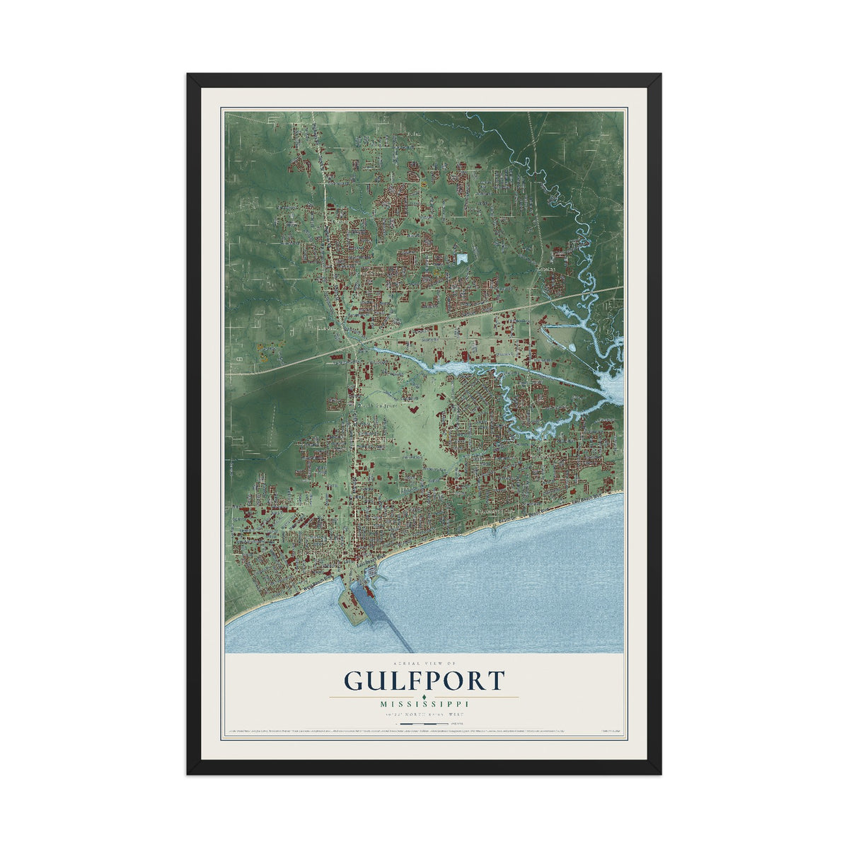 Map of Gulfport, Mississippi, 12 x 18 inch print in a black wood frame