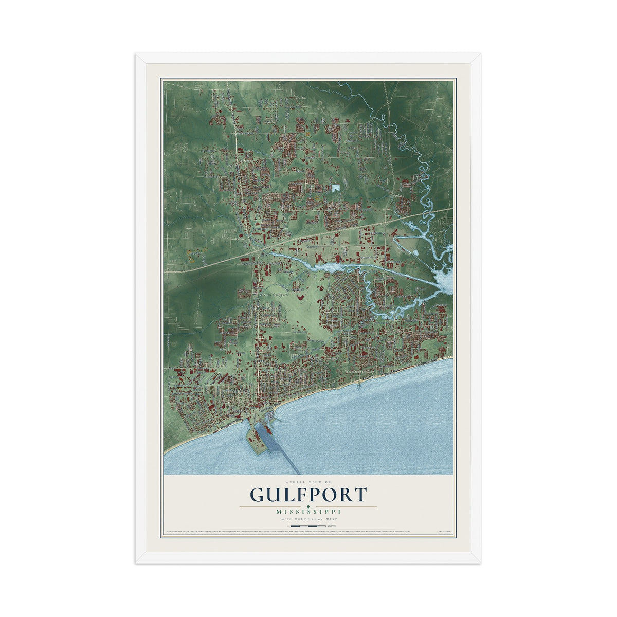 Map of Gulfport, Mississippi, 12 x 18 inch print in a white wood frame