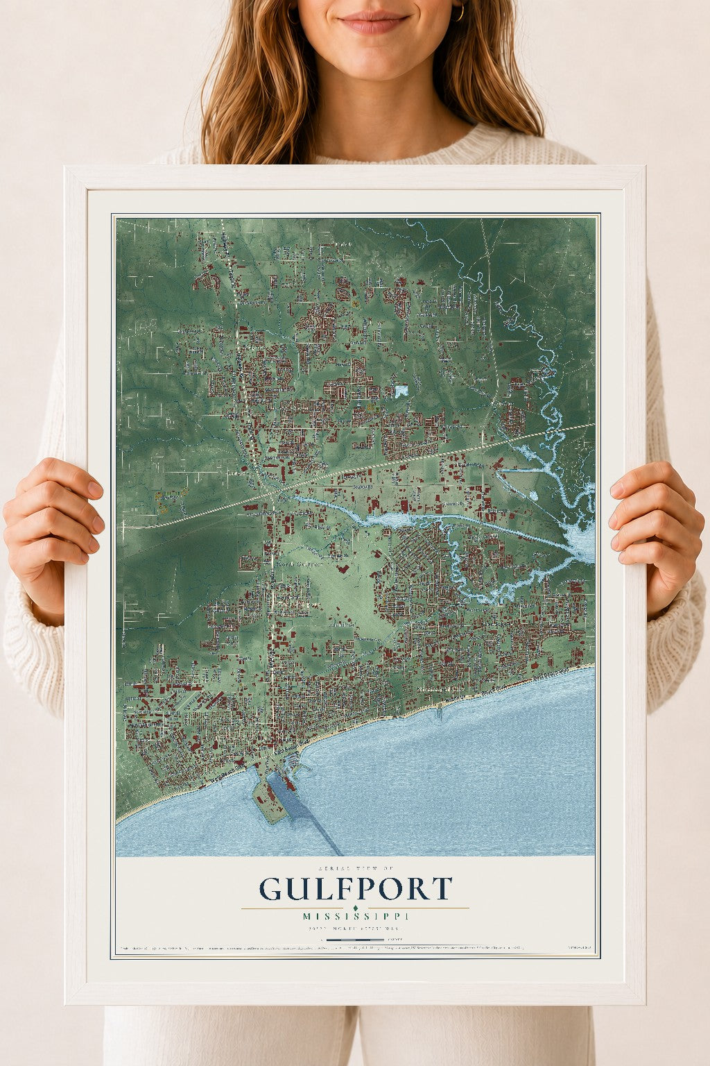 Map of Gulfport, Mississippi, 18 x 24 inch print in a white wood frame
