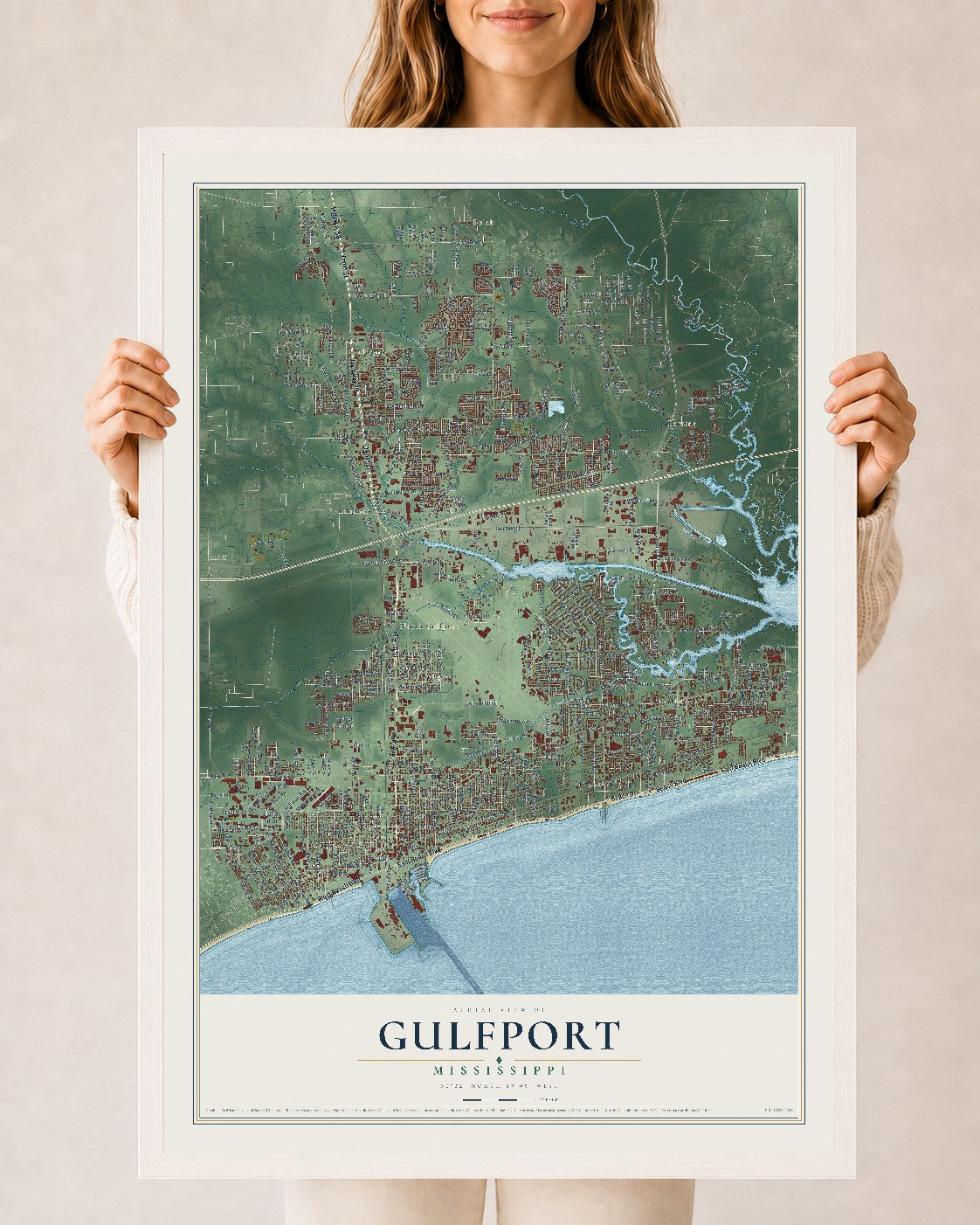 Map of Gulfport, Mississippi, 24 x 36 inch print in a white wood frame