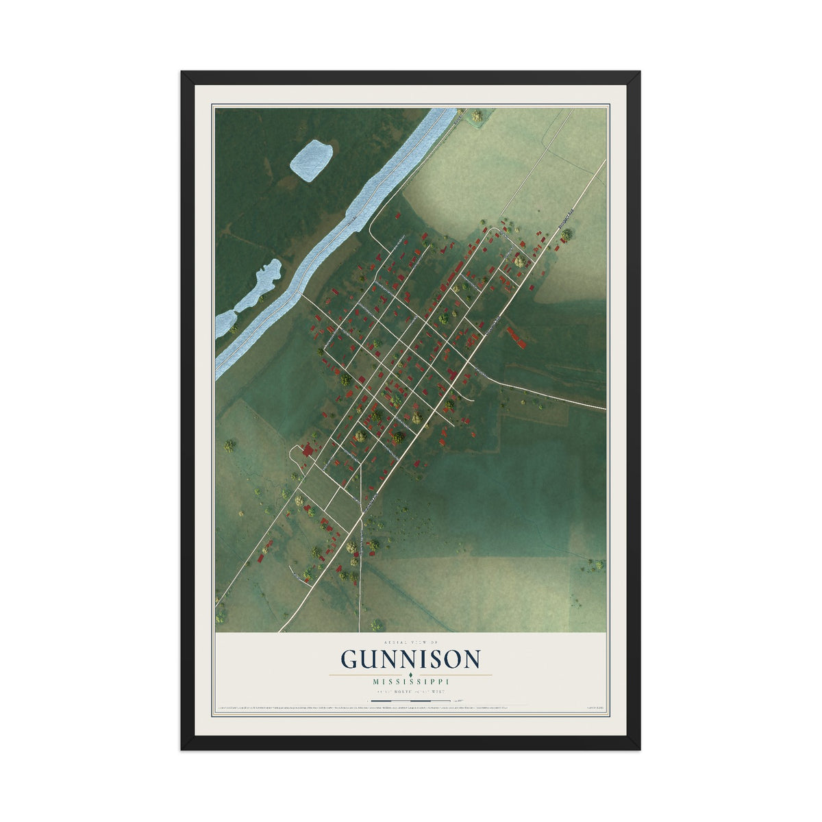Map of Gunnison, Mississippi, 12 x 18 inch print in a black wood frame