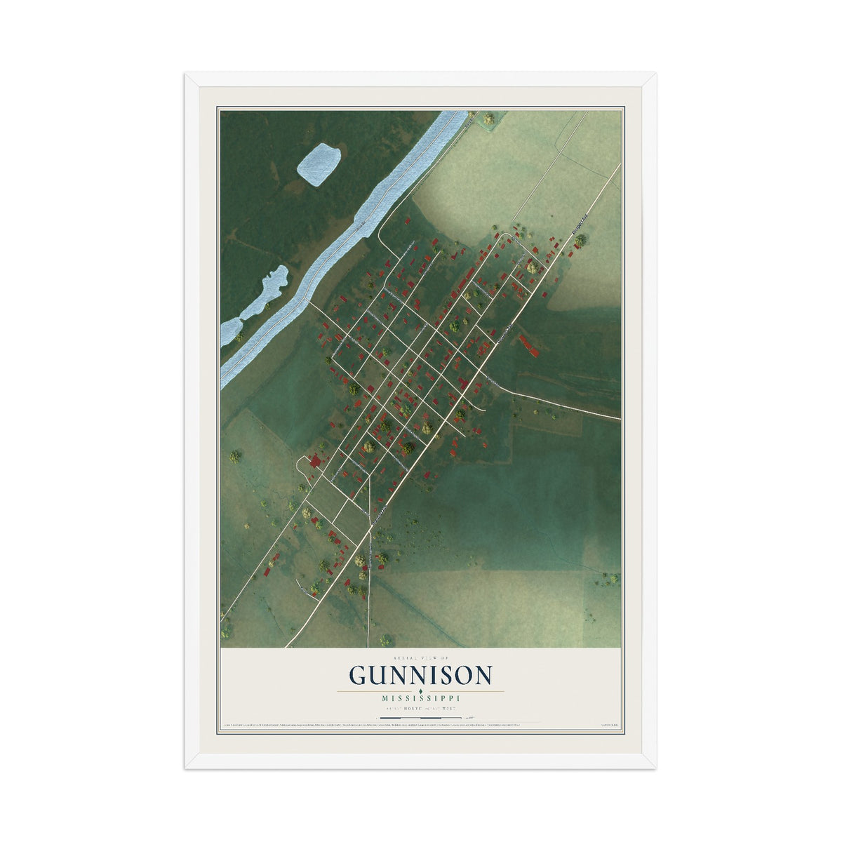 Map of Gunnison, Mississippi, 12 x 18 inch print in a white wood frame