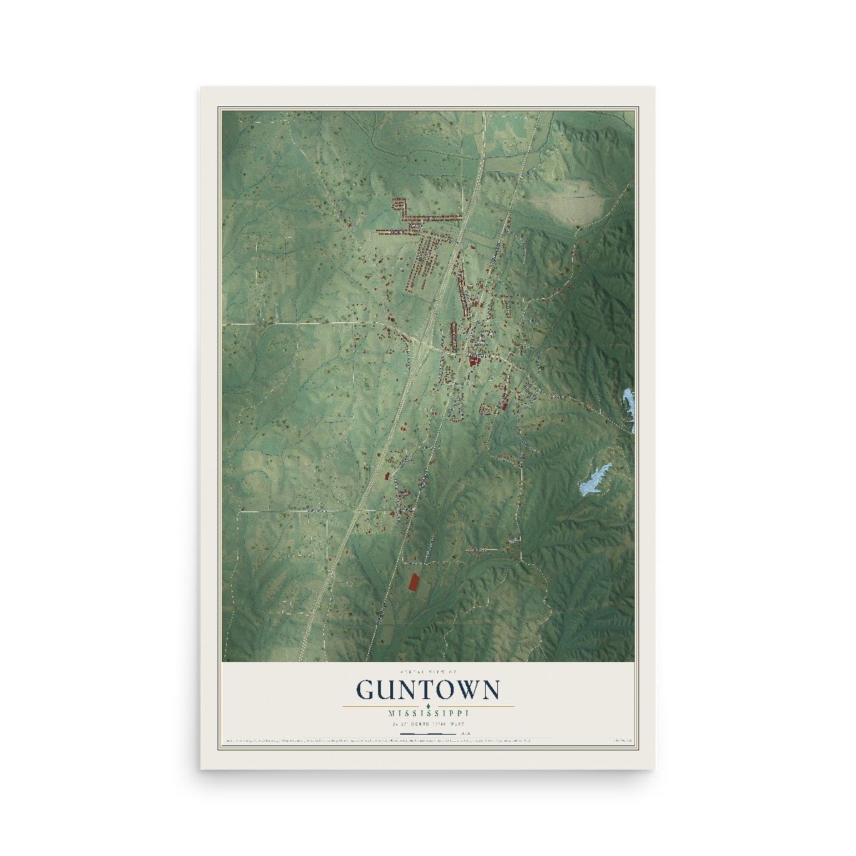 Map of Guntown, Mississippi, 12 x 18 inch unframed archival matte print