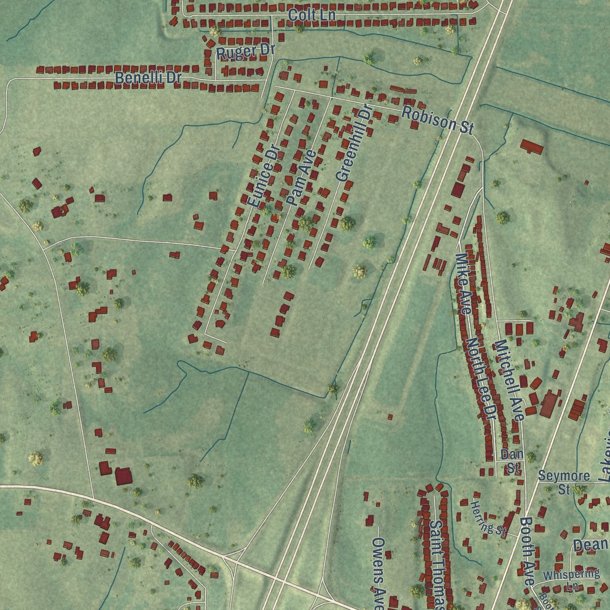 Close-up of the map of Guntown, Mississippi print showing street and building detail