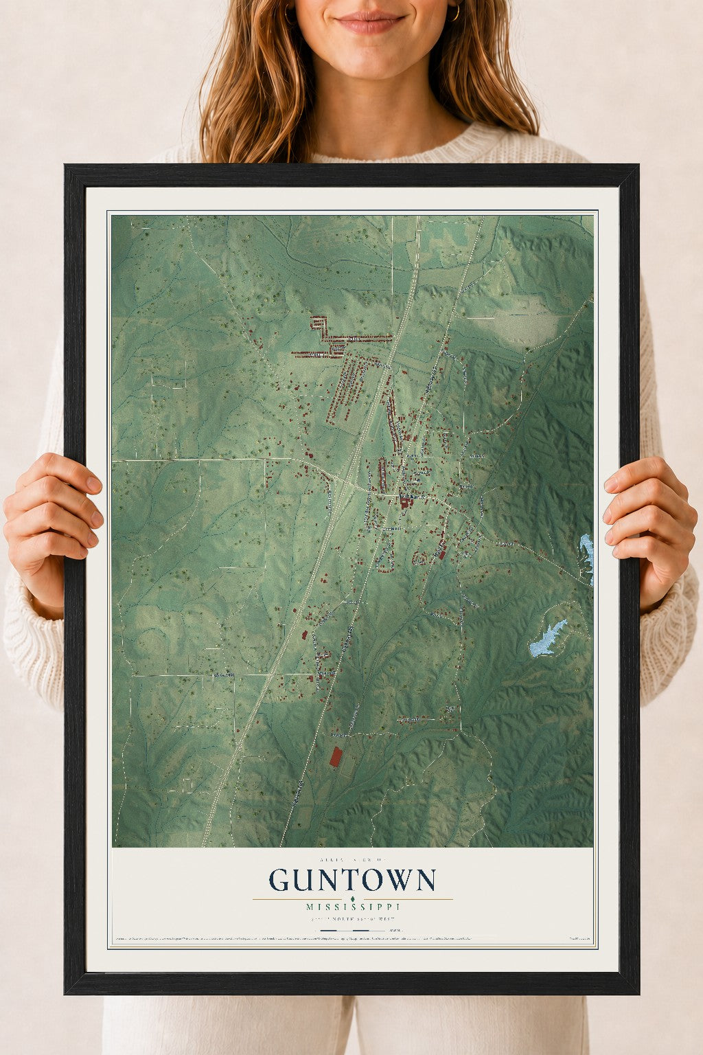 Map of Guntown, Mississippi, 18 x 24 inch print in a black wood frame