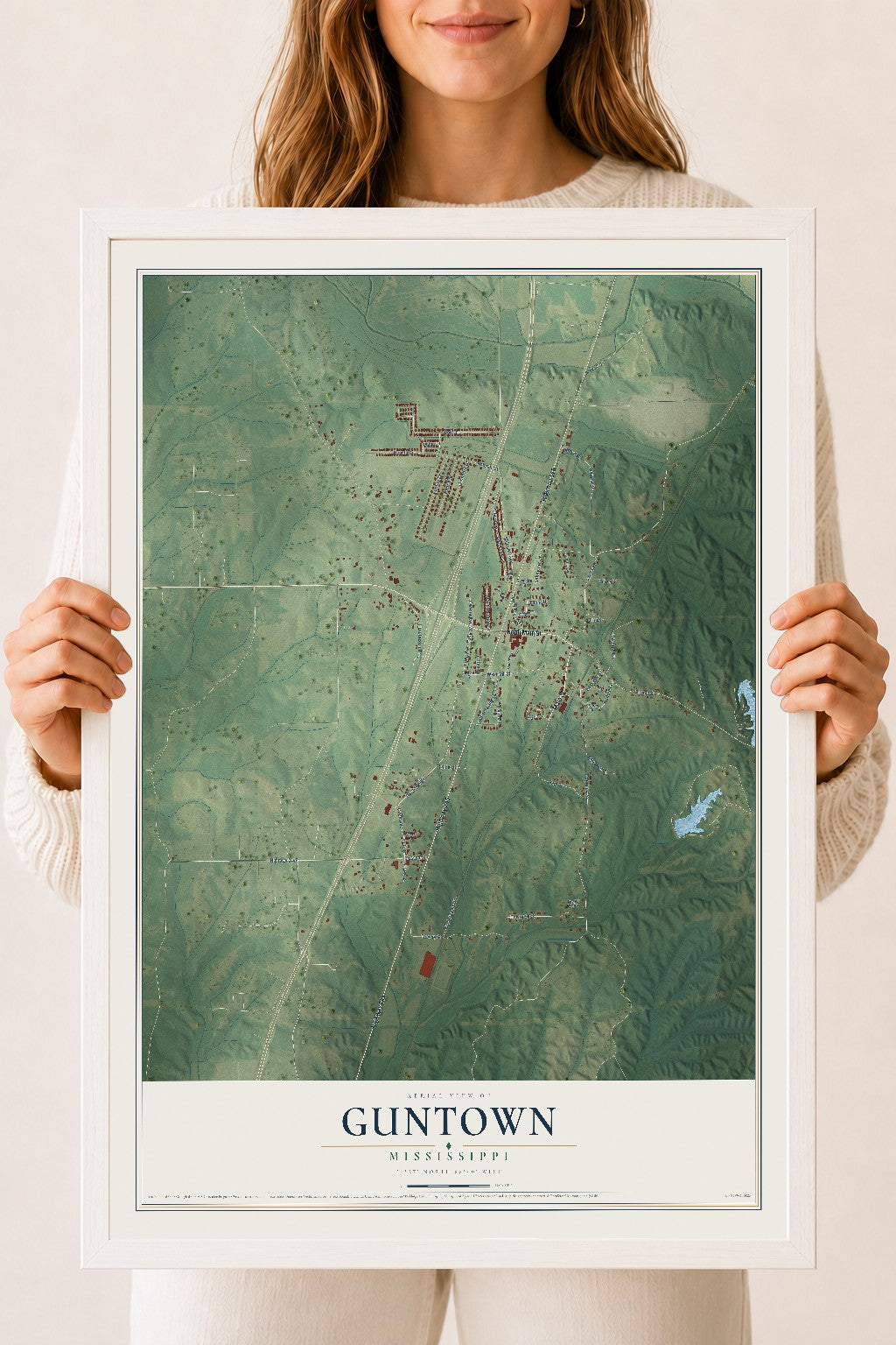 Map of Guntown, Mississippi, 18 x 24 inch print in a white wood frame