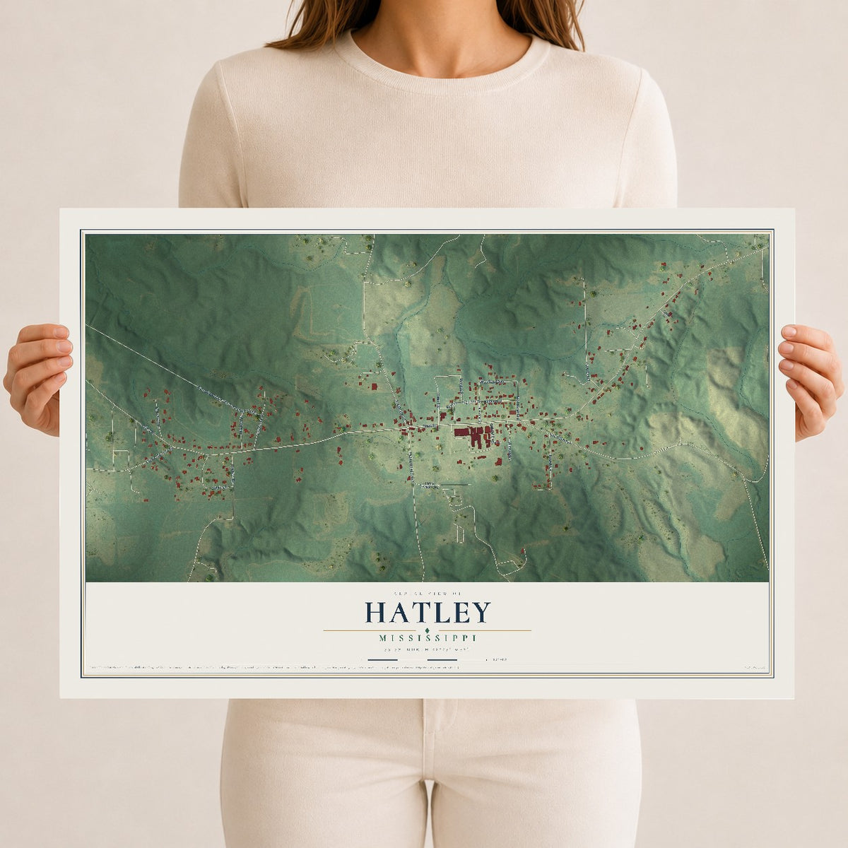 Map of Hatley, Mississippi, 12 x 18 inch unframed archival matte print