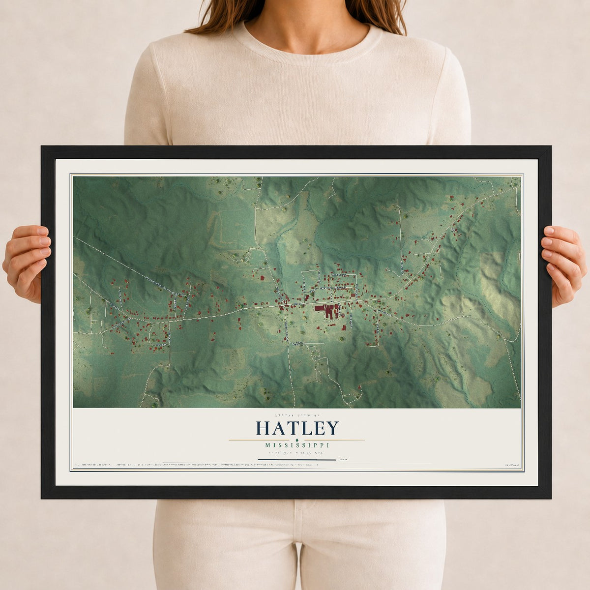 Map of Hatley, Mississippi, 12 x 18 inch print in a black wood frame