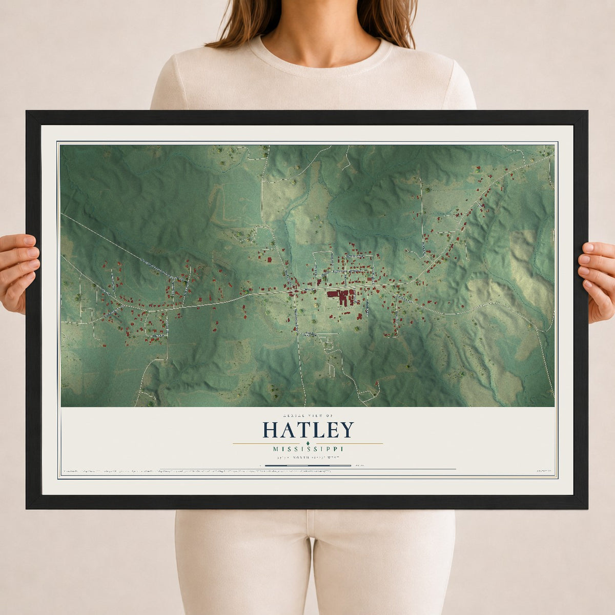 Map of Hatley, Mississippi, 18 x 24 inch print in a black wood frame