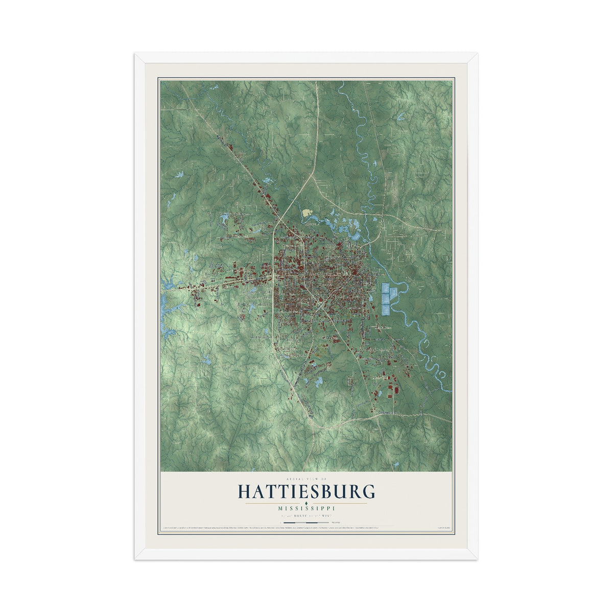 Map of Hattiesburg, Mississippi, 12 x 18 inch print in a white wood frame