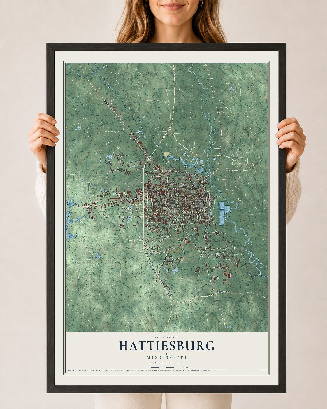Map of Hattiesburg, Mississippi, 24 x 36 inch print in a black wood frame
