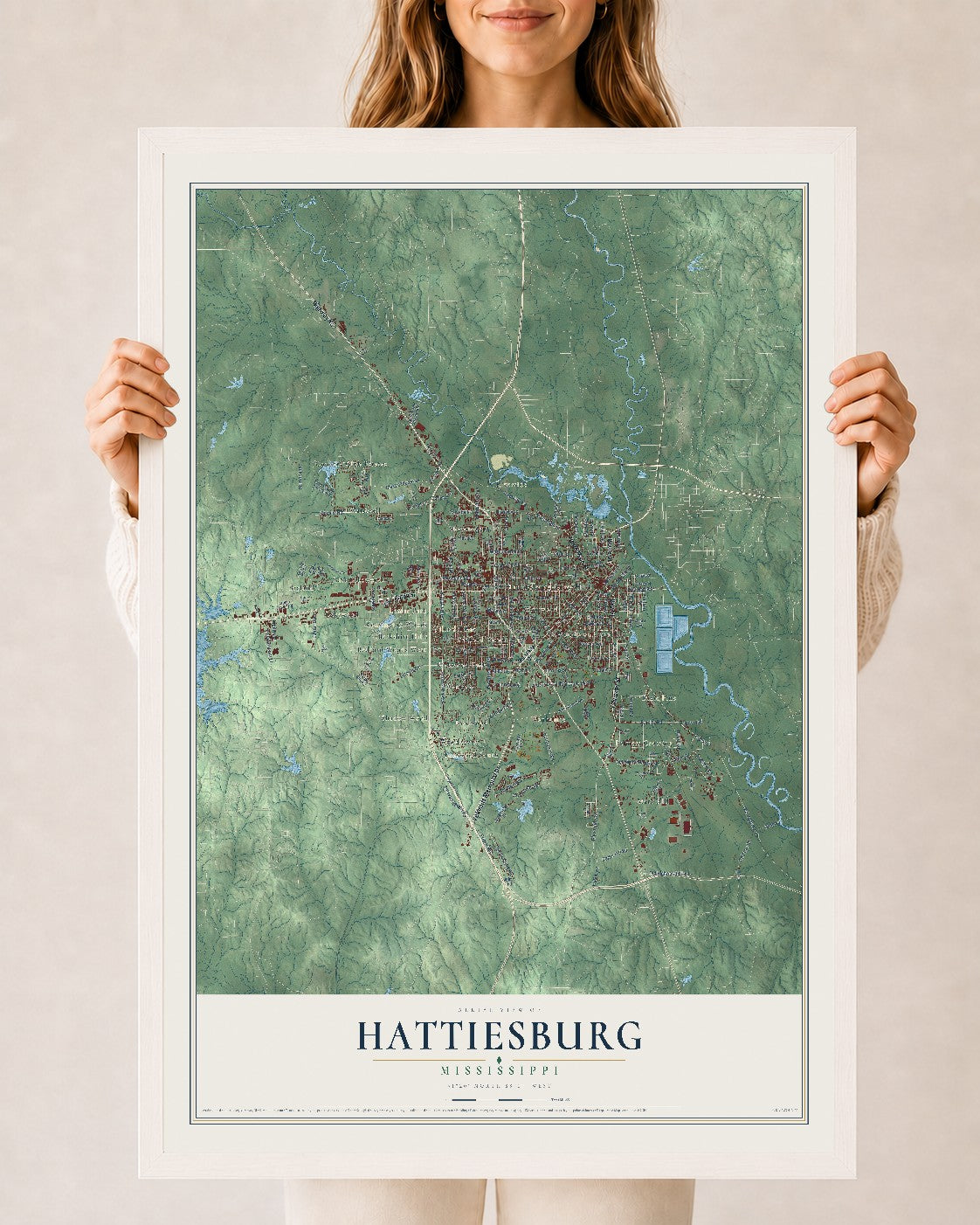 Map of Hattiesburg, Mississippi, 24 x 36 inch print in a white wood frame