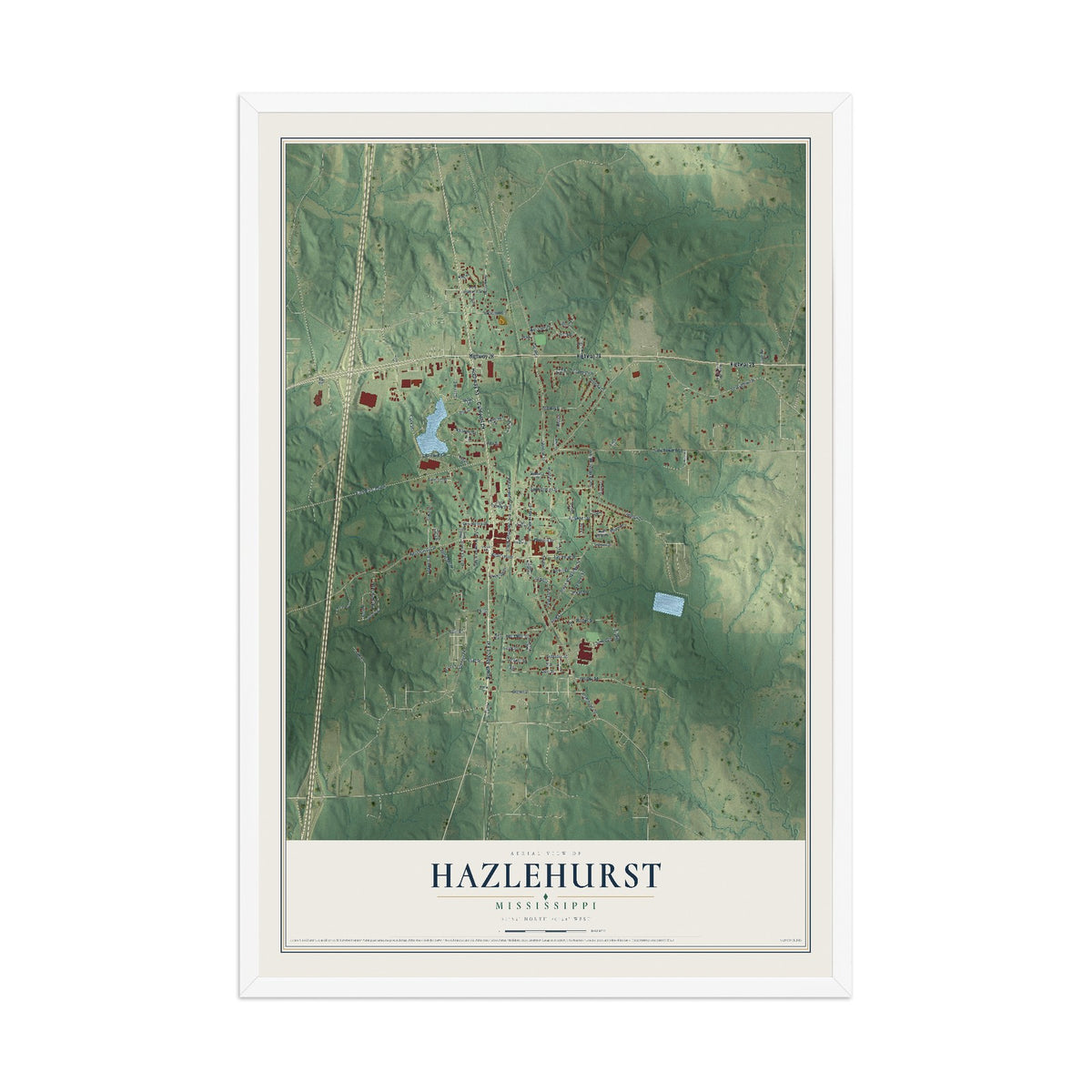 Map of Hazlehurst, Mississippi, 12 x 18 inch print in a white wood frame
