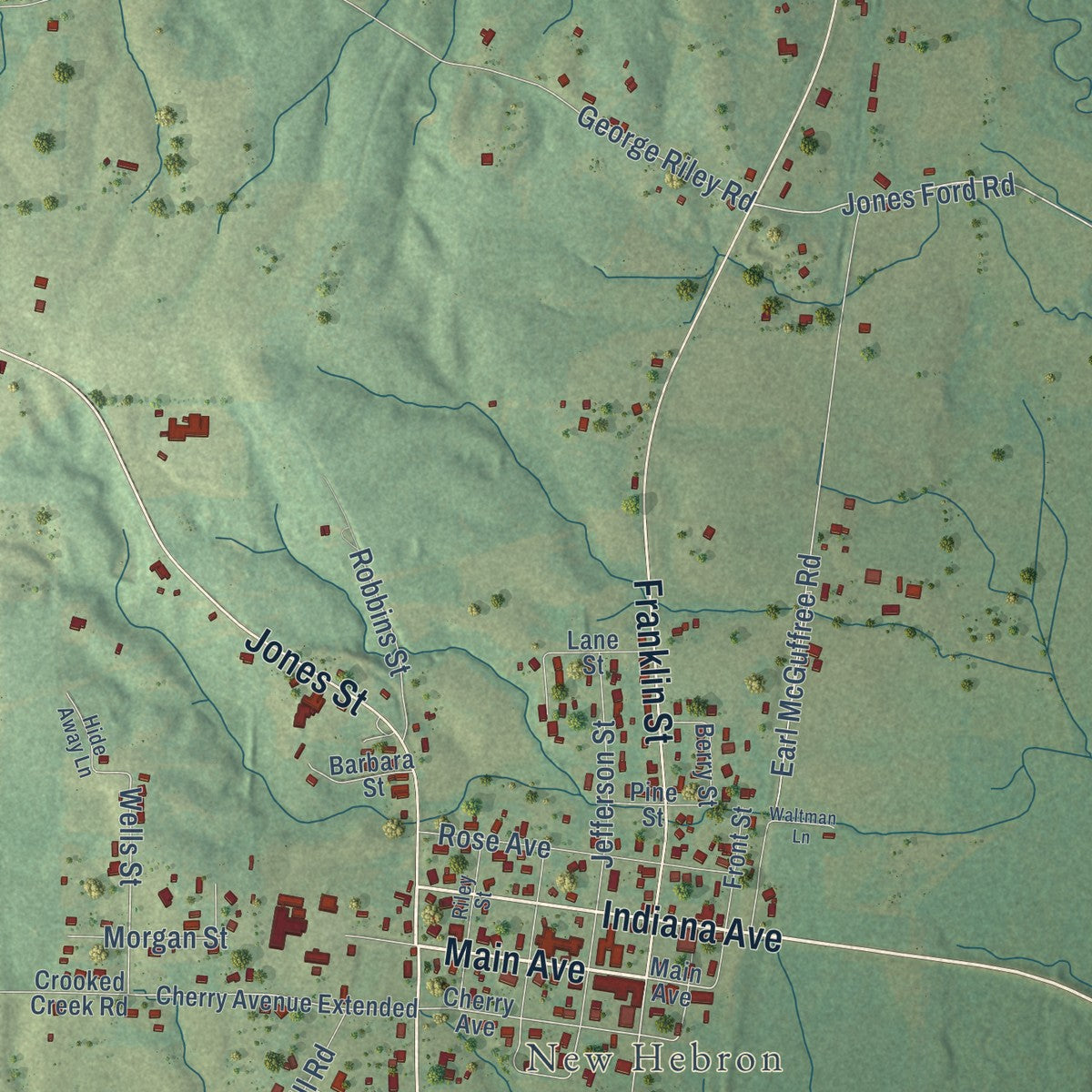 Close-up of the map of Hebron, Mississippi print showing street and building detail