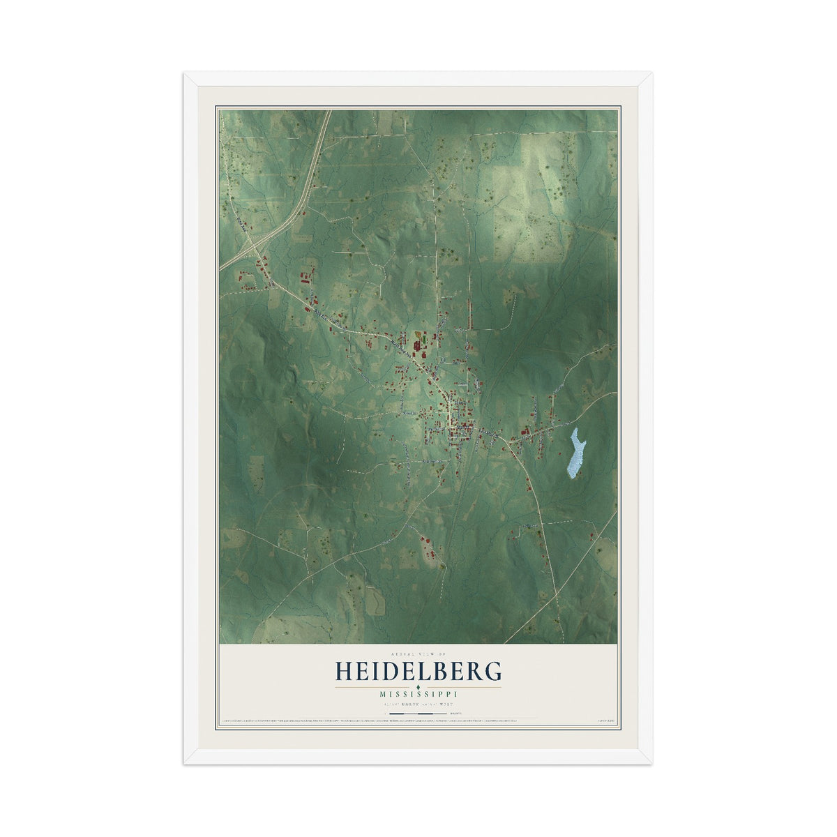 Map of Heidelberg, Mississippi, 12 x 18 inch print in a white wood frame
