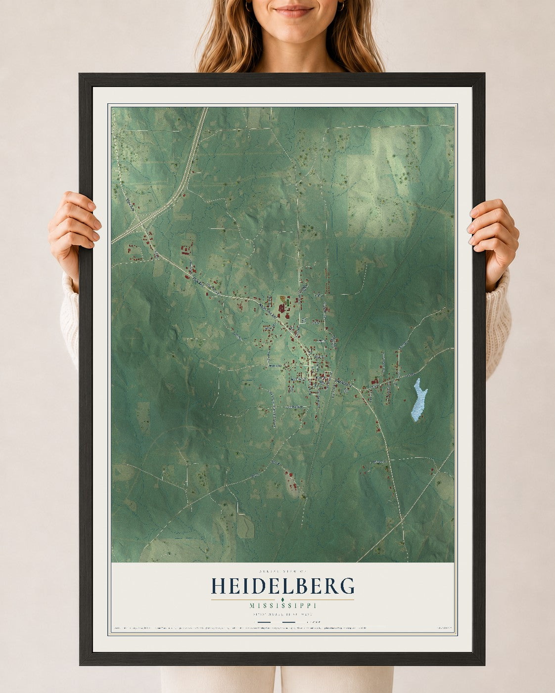 Map of Heidelberg, Mississippi, 24 x 36 inch print in a black wood frame