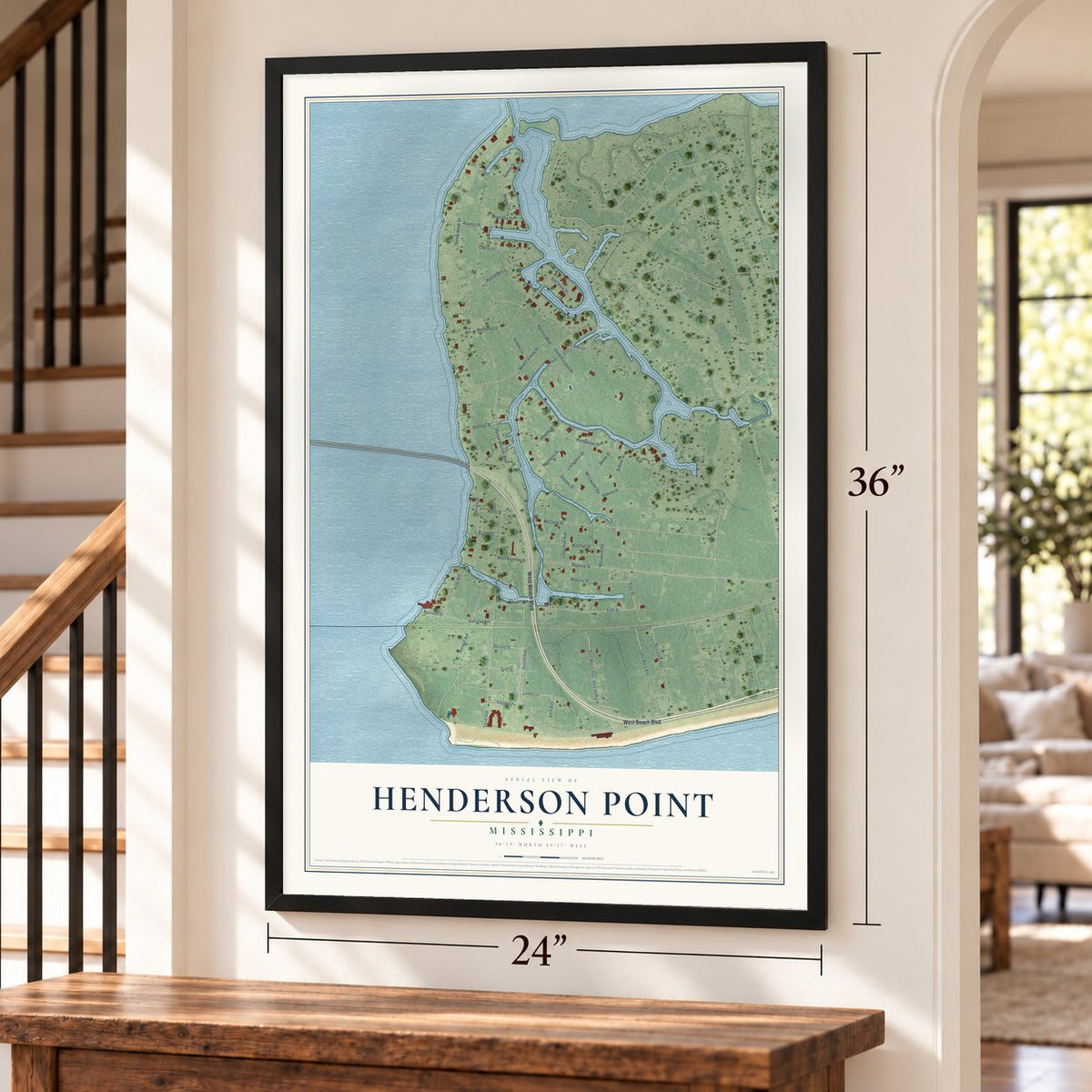 Henderson Point, Mississippi map, 24 x 36 inch print in a black frame by a staircase