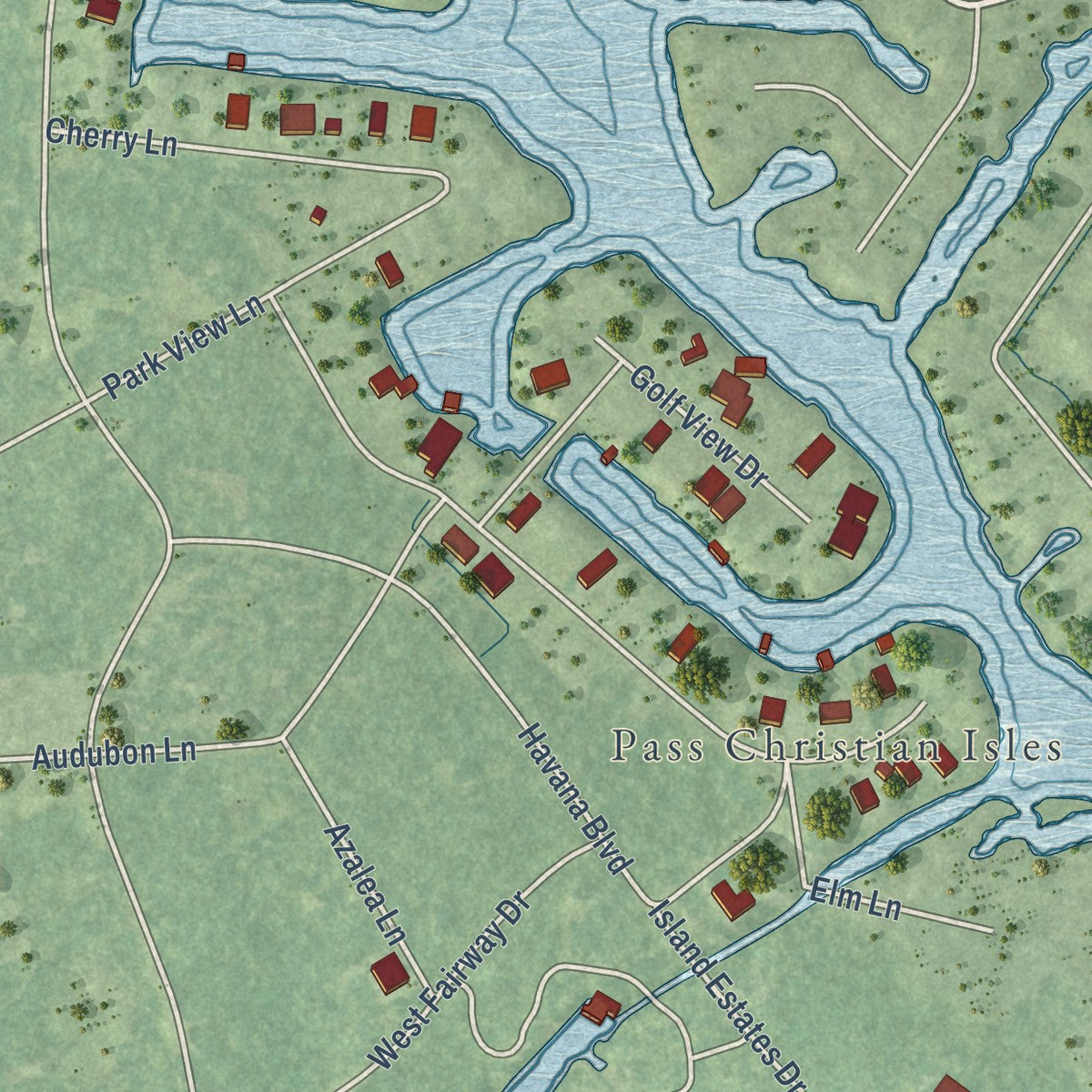Close-up of the map of Henderson Point, Mississippi print showing street and building detail