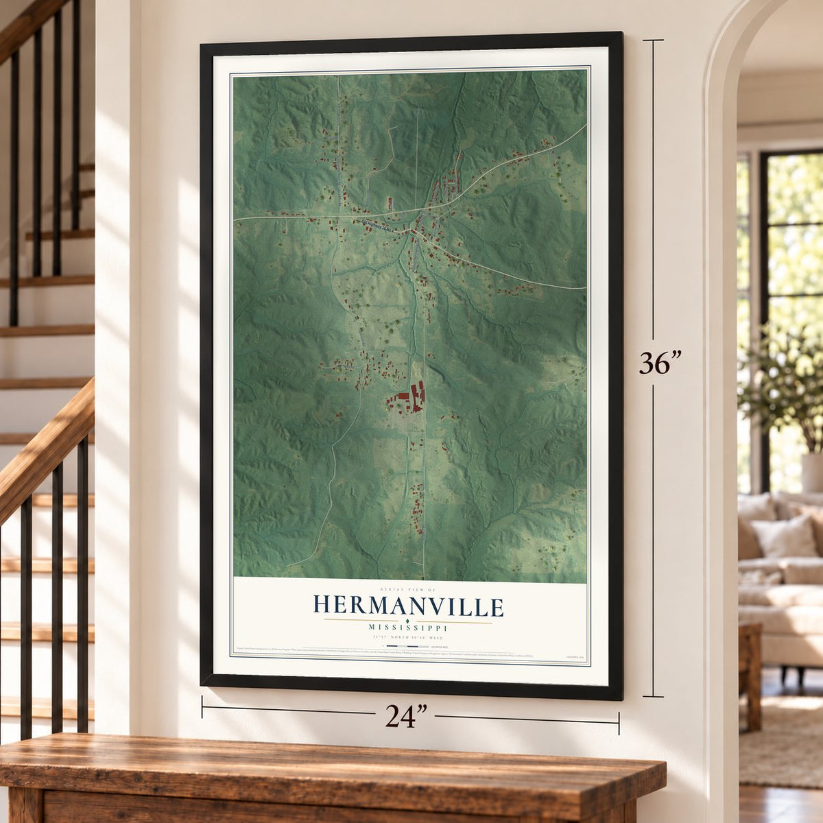 Hermanville, Mississippi map, 24 x 36 inch print in a black frame by a staircase