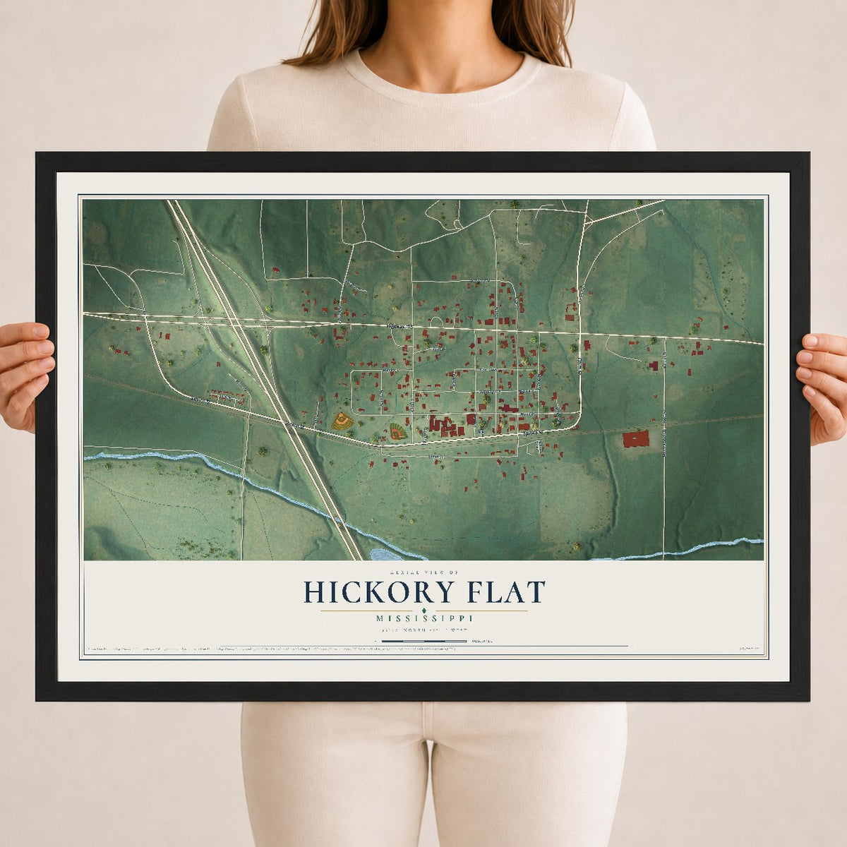 Map of Hickory Flat, Mississippi, 18 x 24 inch print in a black wood frame