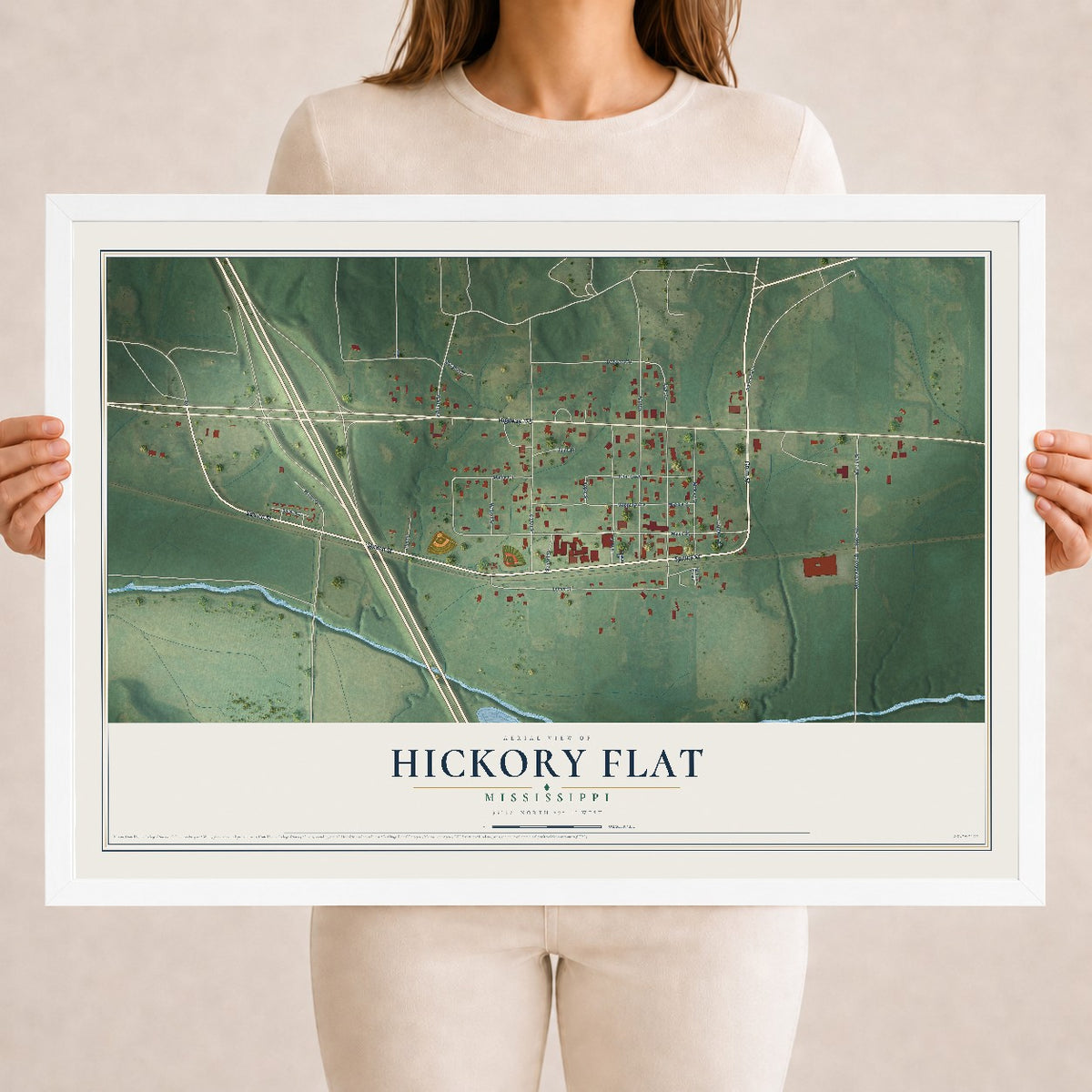 Map of Hickory Flat, Mississippi, 18 x 24 inch print in a white wood frame