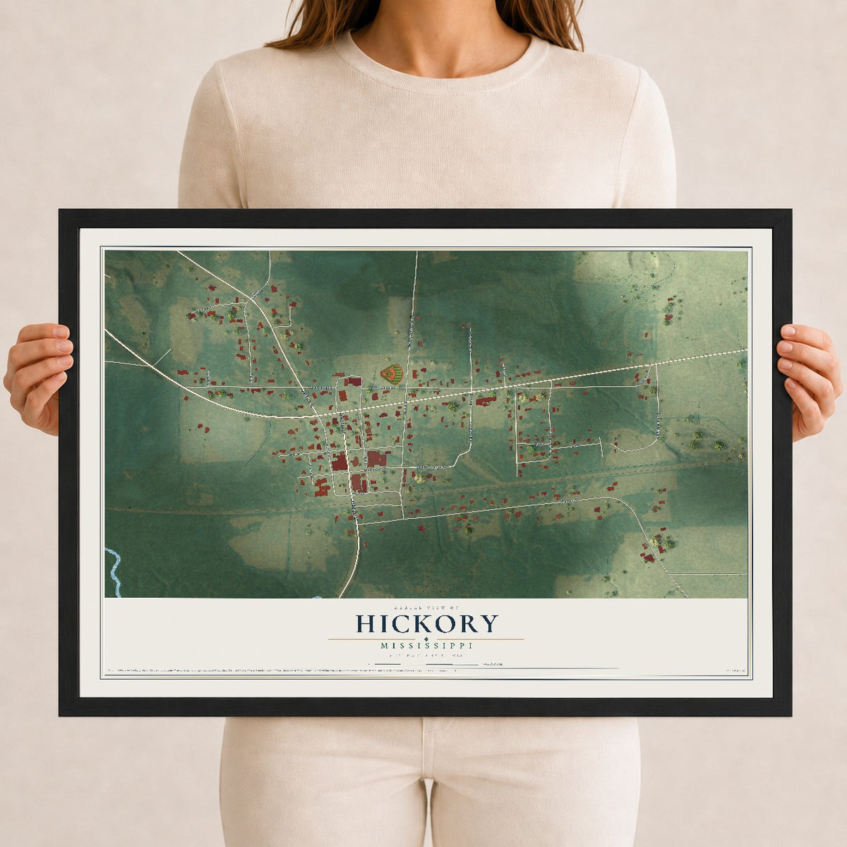 Map of Hickory, Mississippi, 12 x 18 inch print in a black wood frame