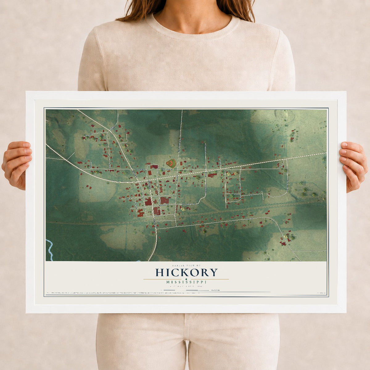 Map of Hickory, Mississippi, 12 x 18 inch print in a white wood frame
