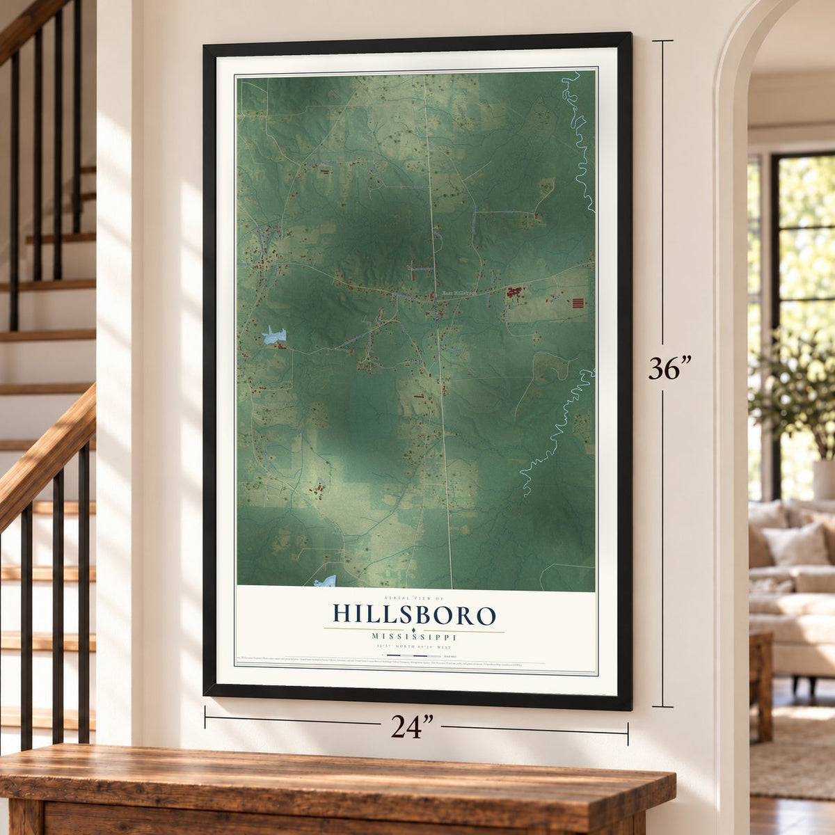 Hillsboro, Mississippi map, 24 x 36 inch print in a black frame by a staircase