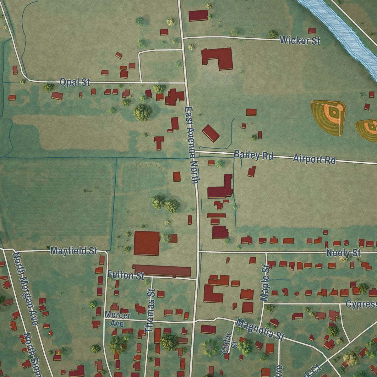 Second close-up of the map of Hollandale, Mississippi print showing more streets and buildings