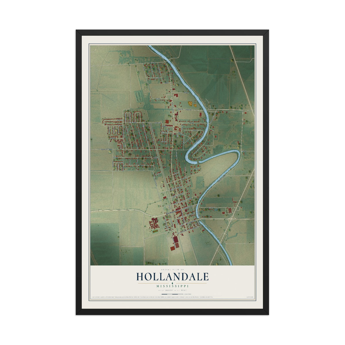 Map of Hollandale, Mississippi, 12 x 18 inch print in a black wood frame