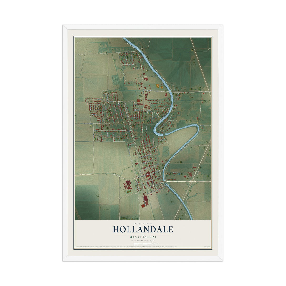Map of Hollandale, Mississippi, 12 x 18 inch print in a white wood frame