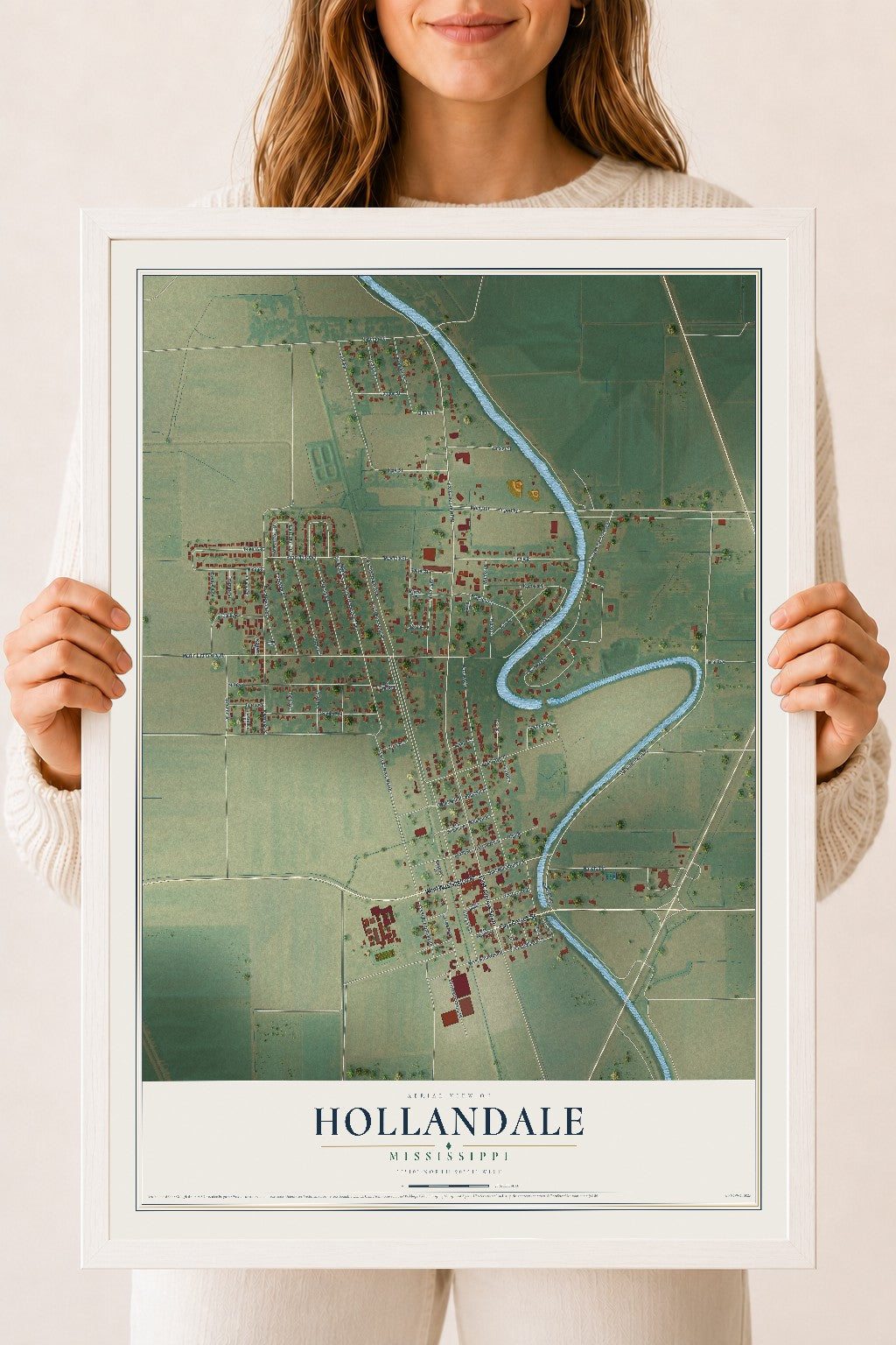 Map of Hollandale, Mississippi, 18 x 24 inch print in a white wood frame