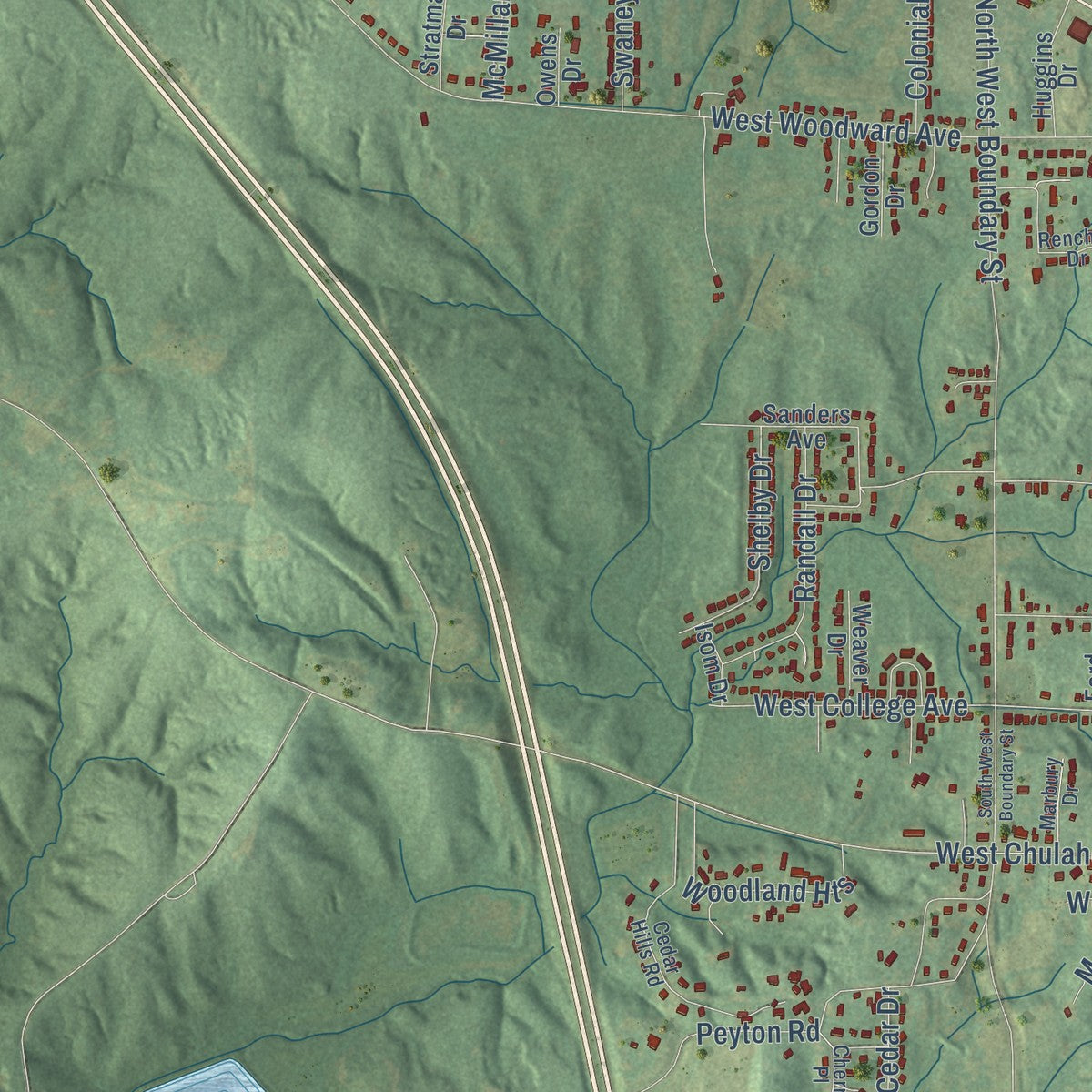 Second close-up of the map of Holly Springs, Mississippi print showing more streets and buildings