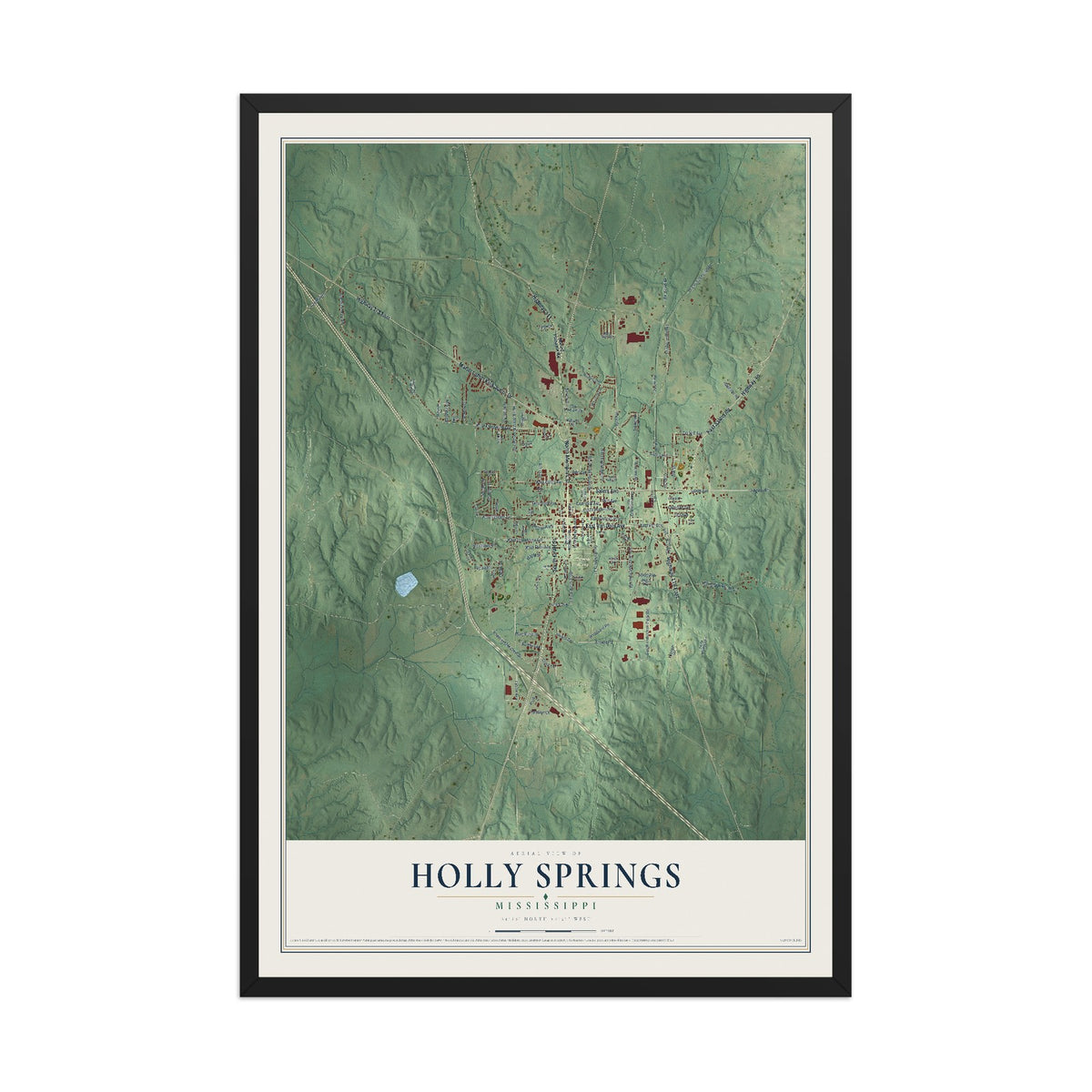 Map of Holly Springs, Mississippi, 12 x 18 inch print in a black wood frame