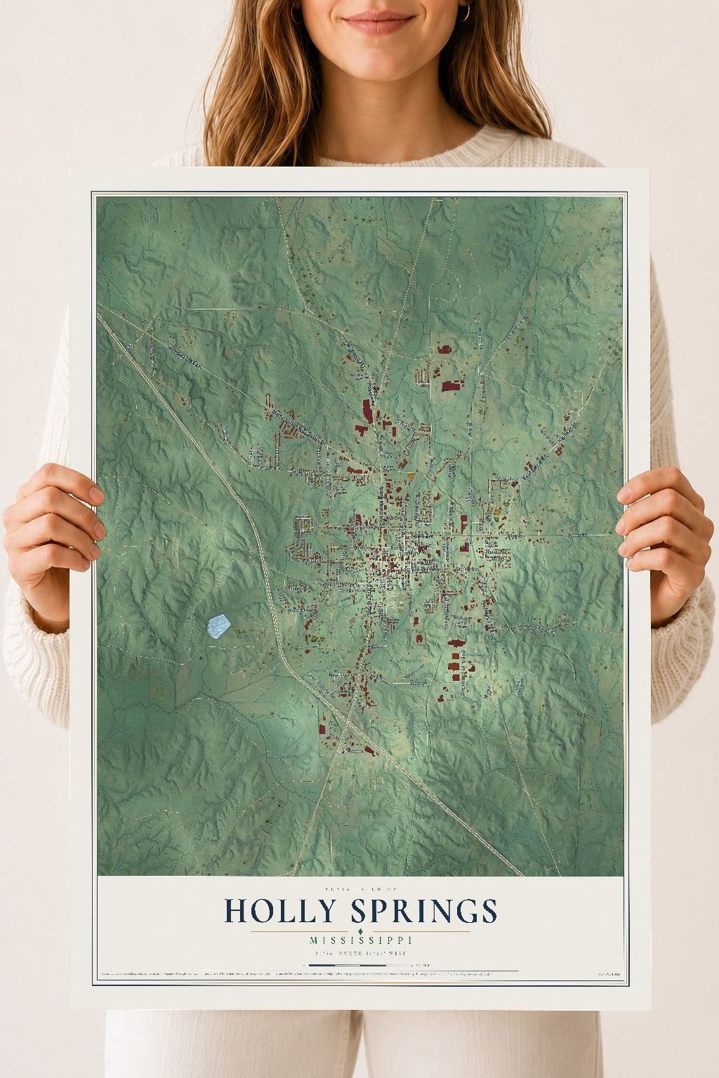 Map of Holly Springs, Mississippi, 18 x 24 inch unframed archival matte print