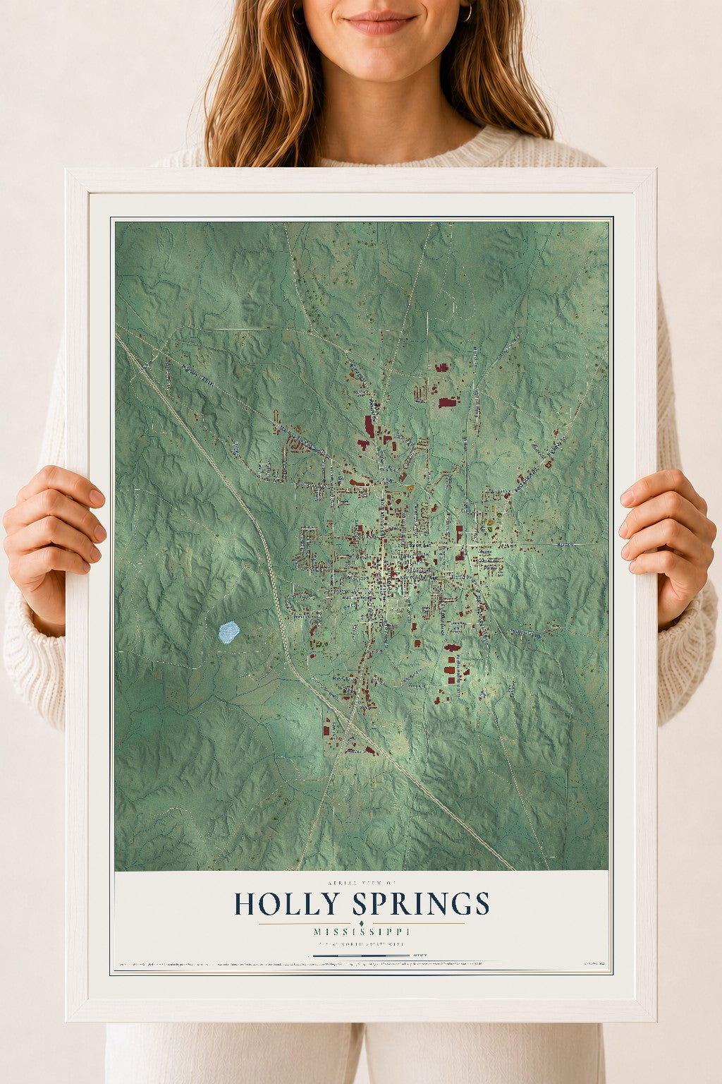 Map of Holly Springs, Mississippi, 18 x 24 inch print in a white wood frame