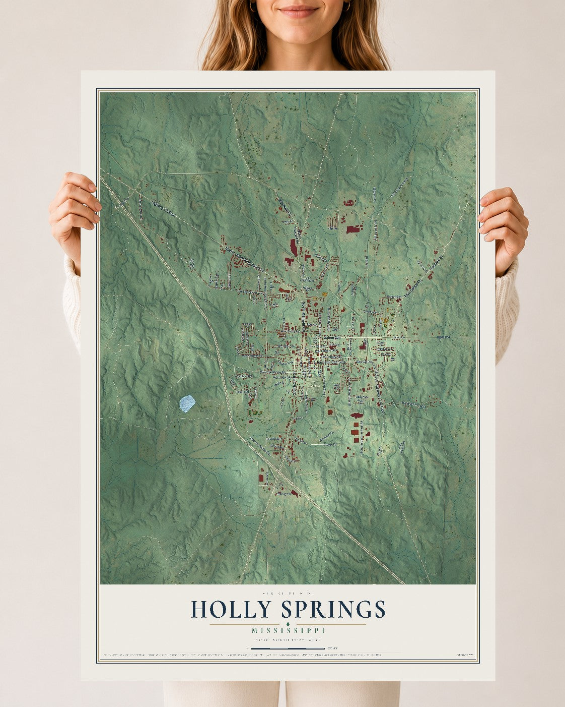 Map of Holly Springs, Mississippi, 24 x 36 inch unframed archival matte print