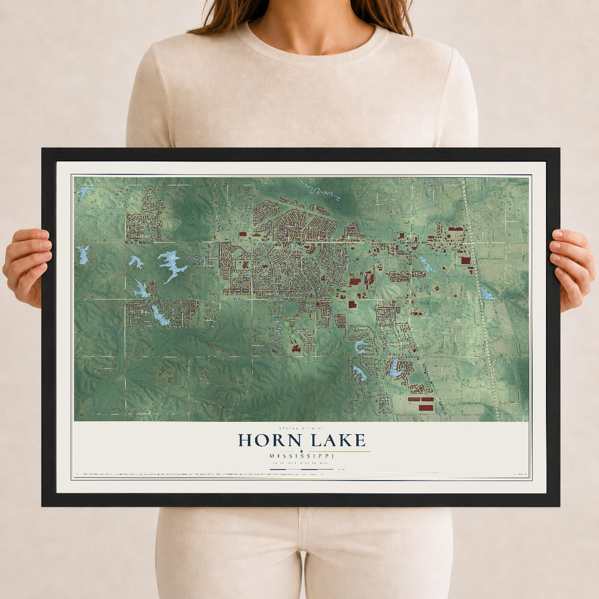 Map of Horn Lake, Mississippi, 12 x 18 inch print in a black wood frame