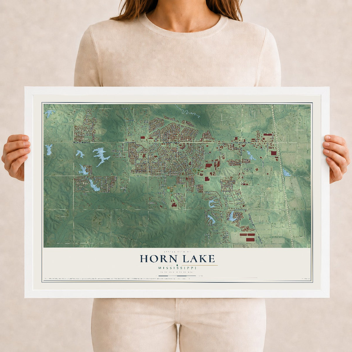 Map of Horn Lake, Mississippi, 12 x 18 inch print in a white wood frame