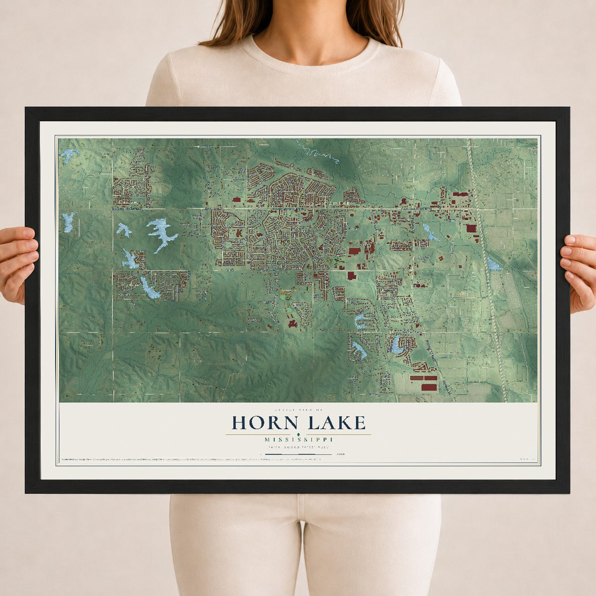 Map of Horn Lake, Mississippi, 18 x 24 inch print in a black wood frame