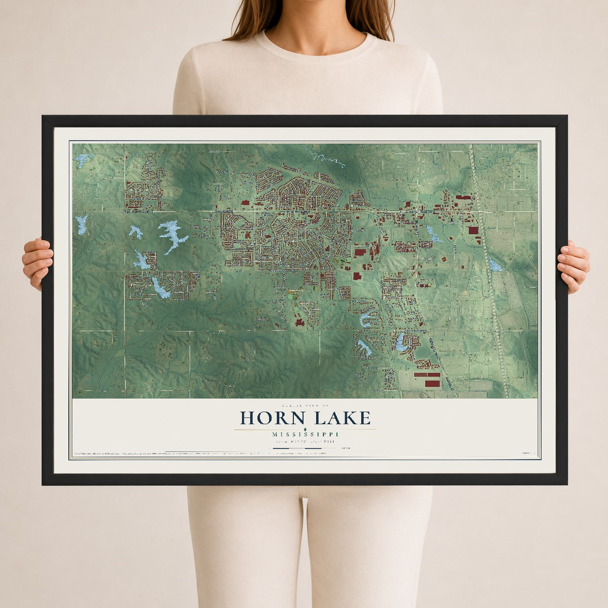 Map of Horn Lake, Mississippi, 24 x 36 inch print in a black wood frame