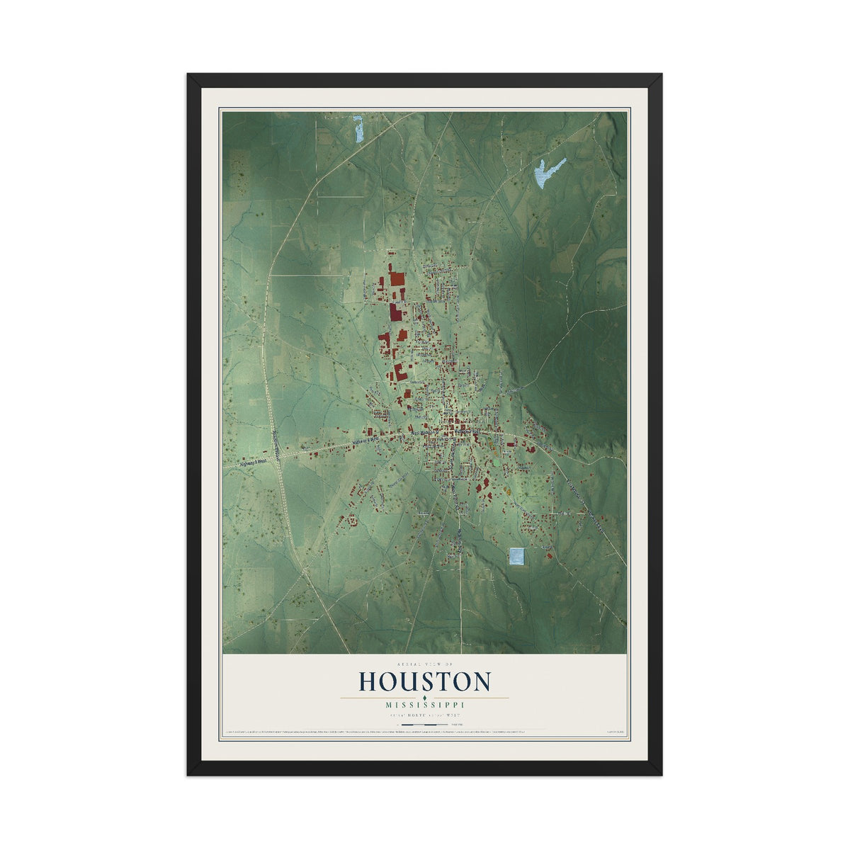 Map of Houston, Mississippi, 12 x 18 inch print in a black wood frame