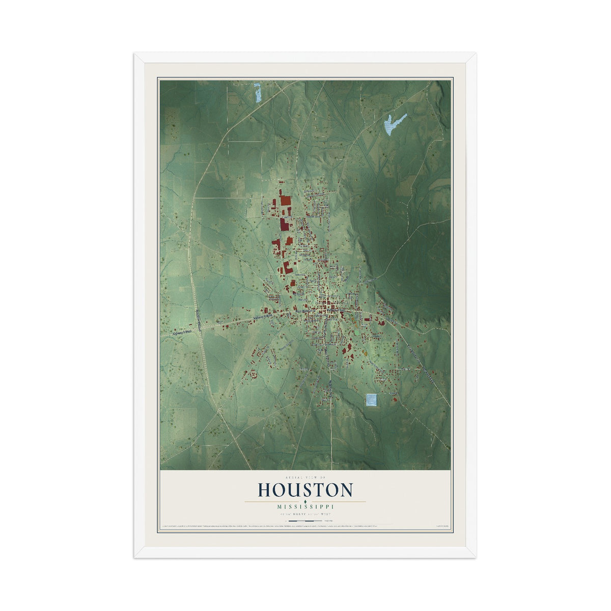 Map of Houston, Mississippi, 12 x 18 inch print in a white wood frame