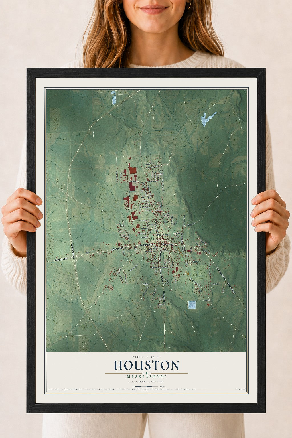 Map of Houston, Mississippi, 18 x 24 inch print in a black wood frame