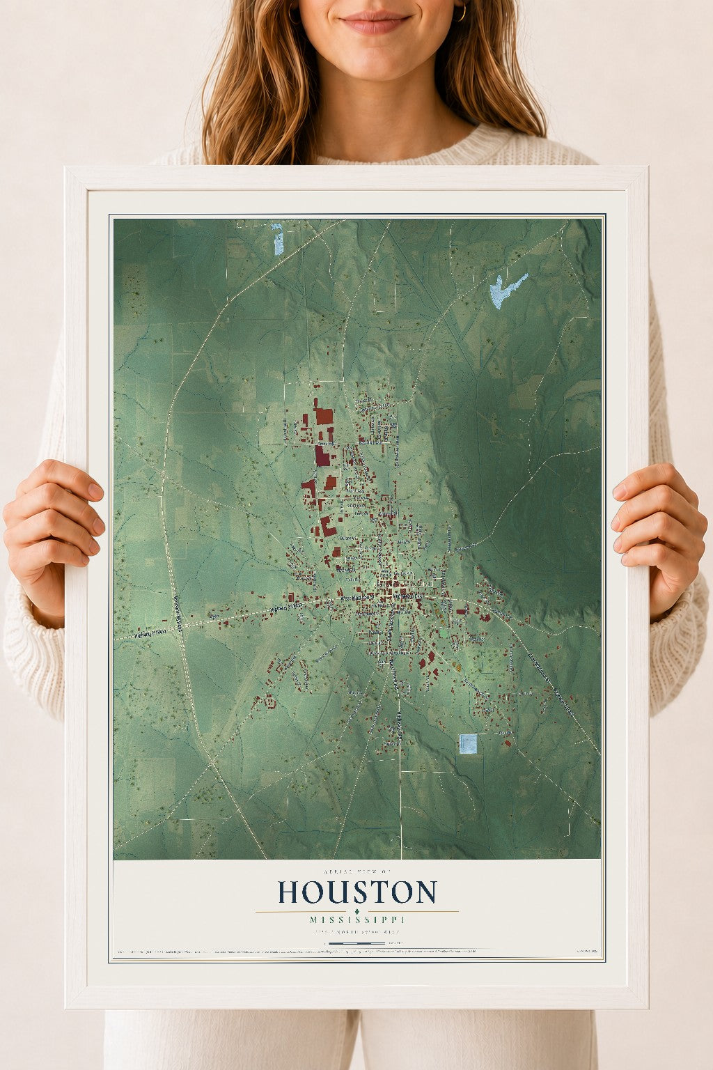 Map of Houston, Mississippi, 18 x 24 inch print in a white wood frame