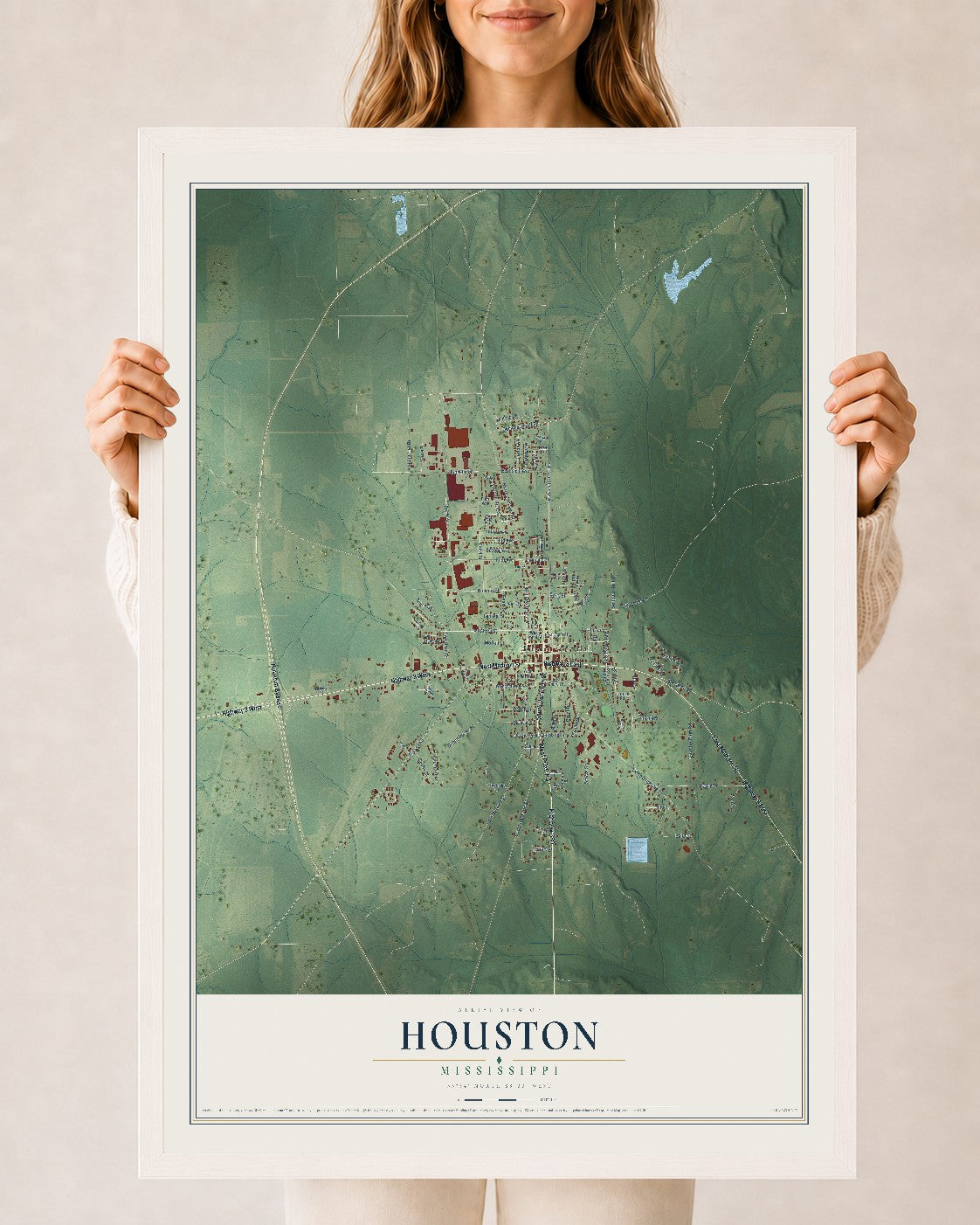 Map of Houston, Mississippi, 24 x 36 inch print in a white wood frame