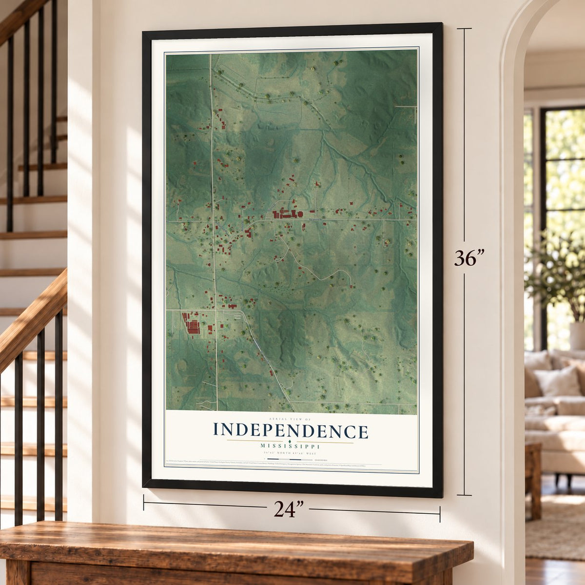 Independence, Mississippi map, 24 x 36 inch print in a black frame by a staircase