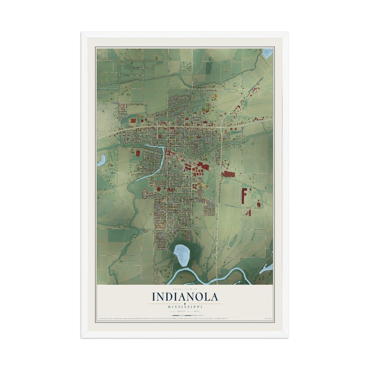 Map of Indianola, Mississippi, 12 x 18 inch print in a white wood frame